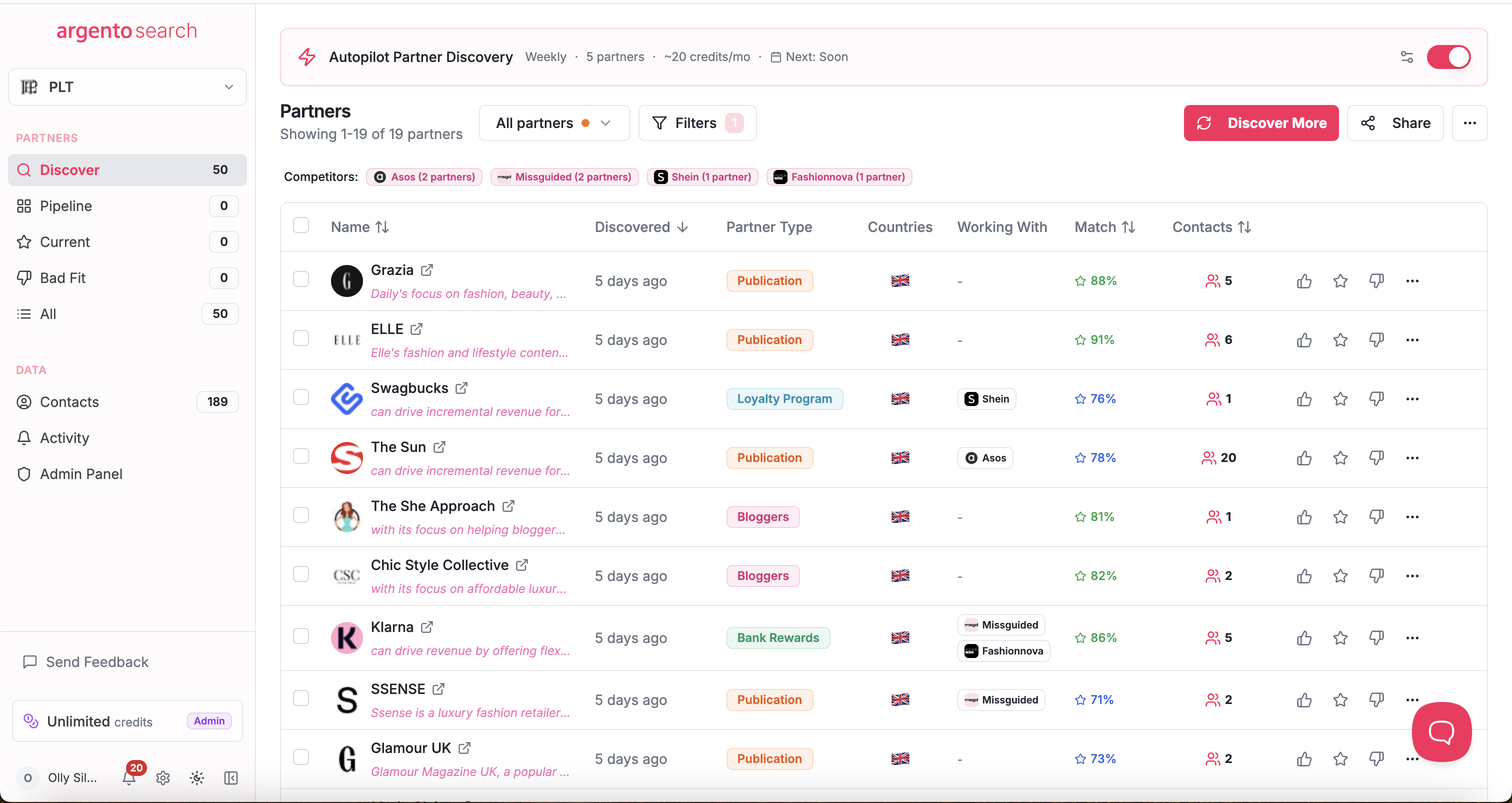 Argento Search — AI-discovered partners with match scores and verified contacts